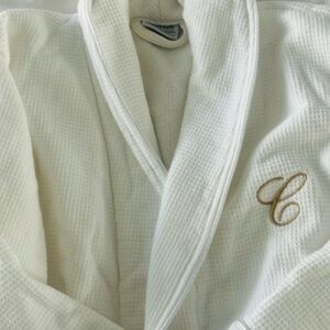 New White Waffle Knit Spa Robe with Gold Monogrammed with letter C